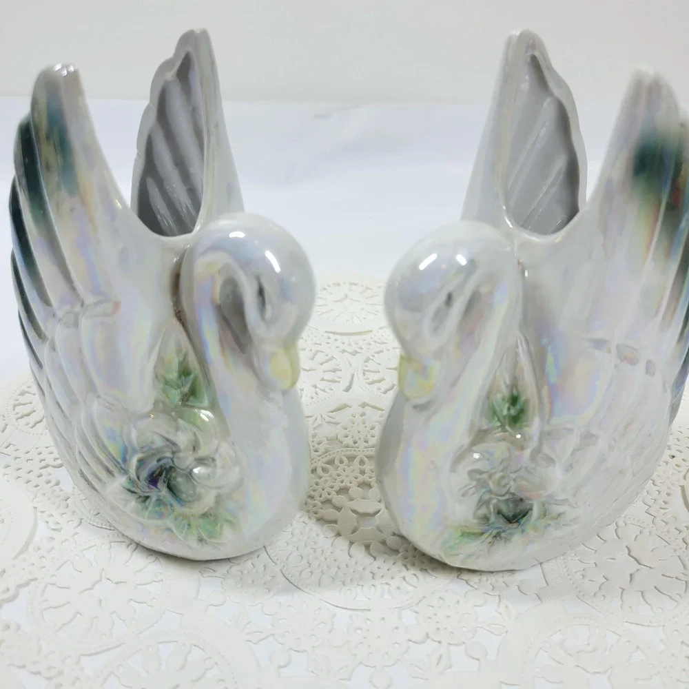 Vintage Lusterware Swan Iridescent Ceramic Figurine Pair Wedding Cake Topper